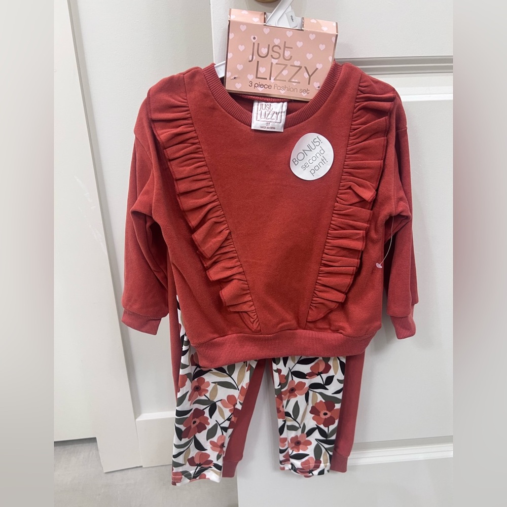 Just Lizzy Red Ruffle Top and Floral Leggings Set